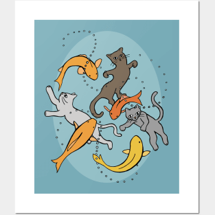 Kittens Swimming With Koi in Pond Posters and Art